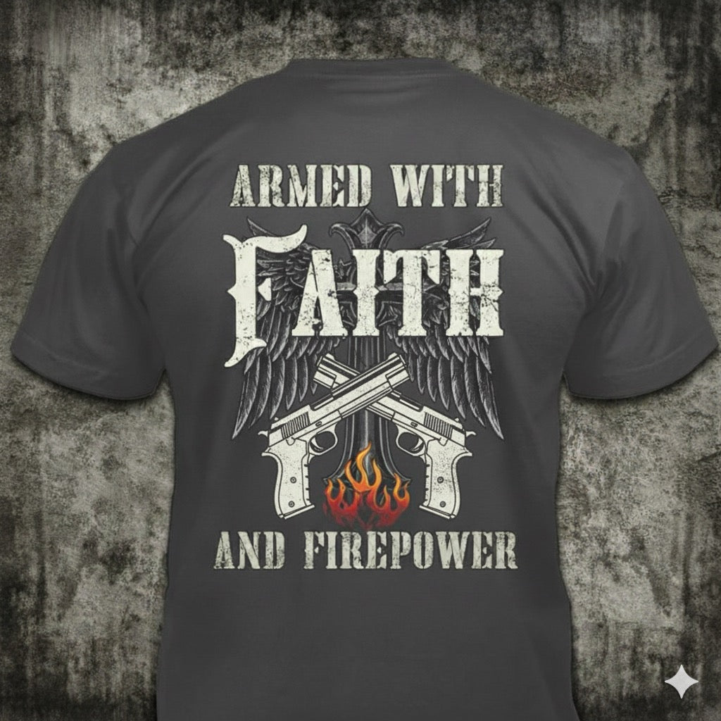 Faith And Firepower distressed graphic men's T-shirt from Reborn XII