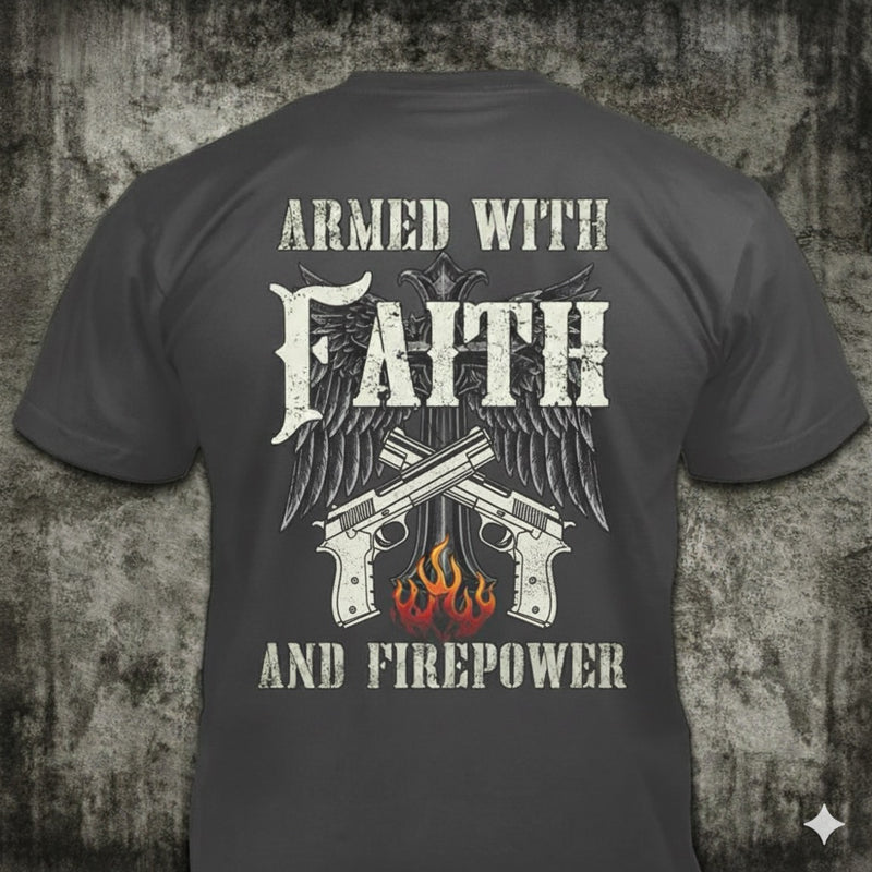 Faith And Firepower distressed graphic men's T-shirt in black — distressed faith and cross graphic — Reborn XII