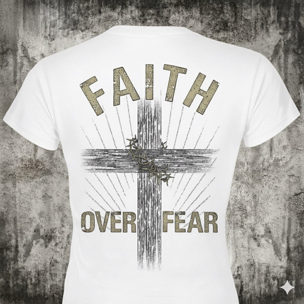 Faith Over Fear distressed graphic women's T-shirt in white from Reborn XII