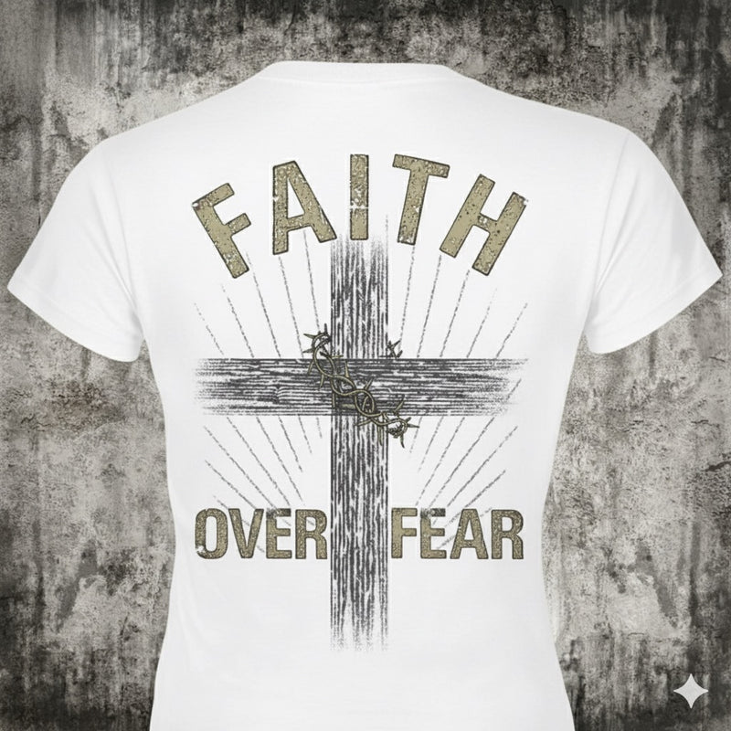Faith Over Fear distressed graphic women's T-shirt in white — distressed faith and cross graphic — Reborn XII