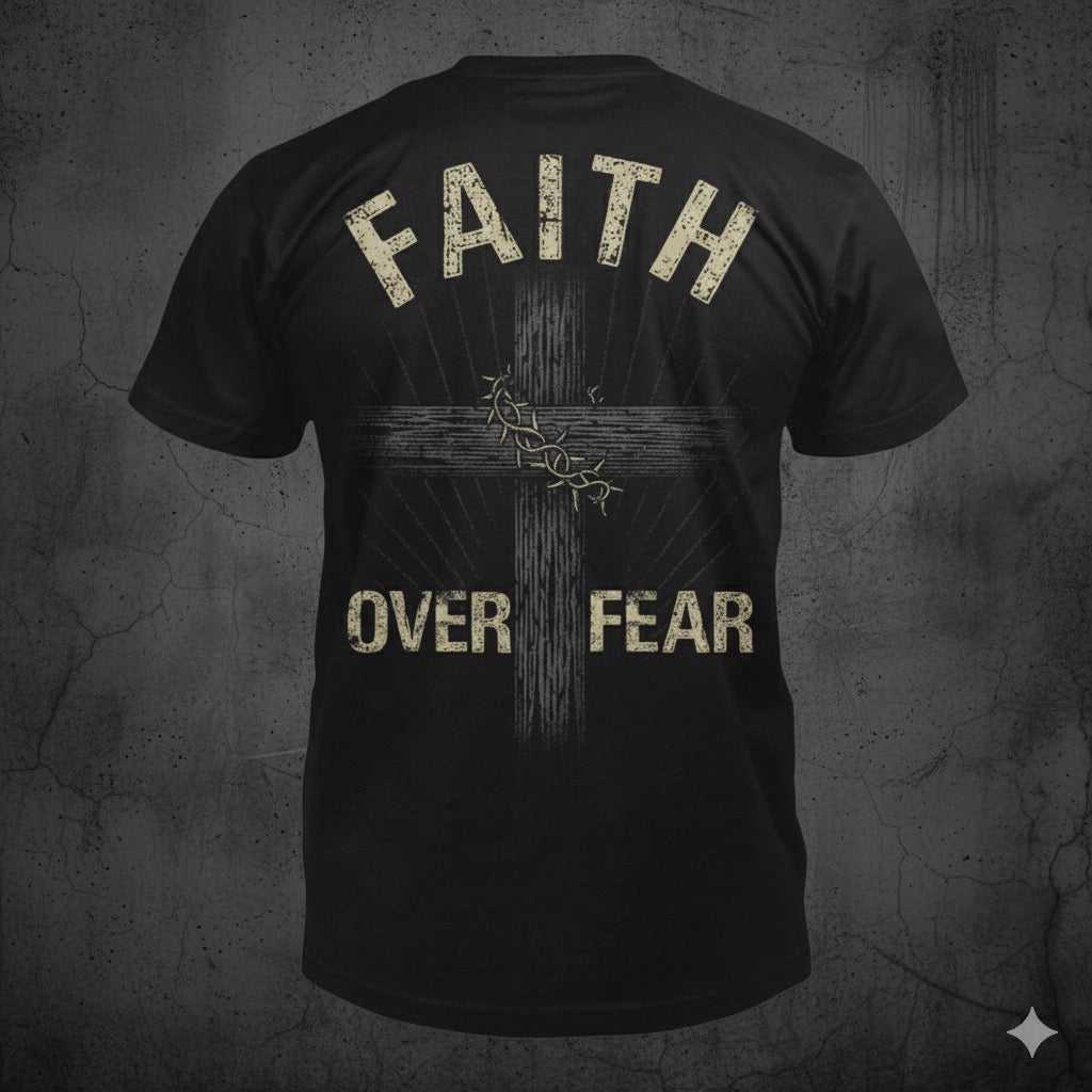 Faith Over Fear distressed graphic men's T-shirt in black - view 2 - Reborn XII