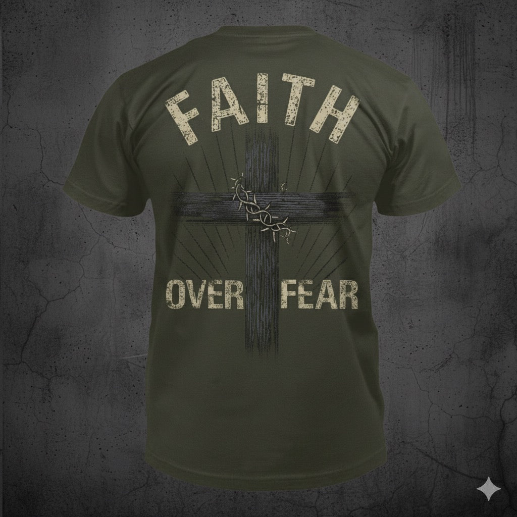 Faith Over Fear distressed graphic men's T-shirt in army green from Reborn XII