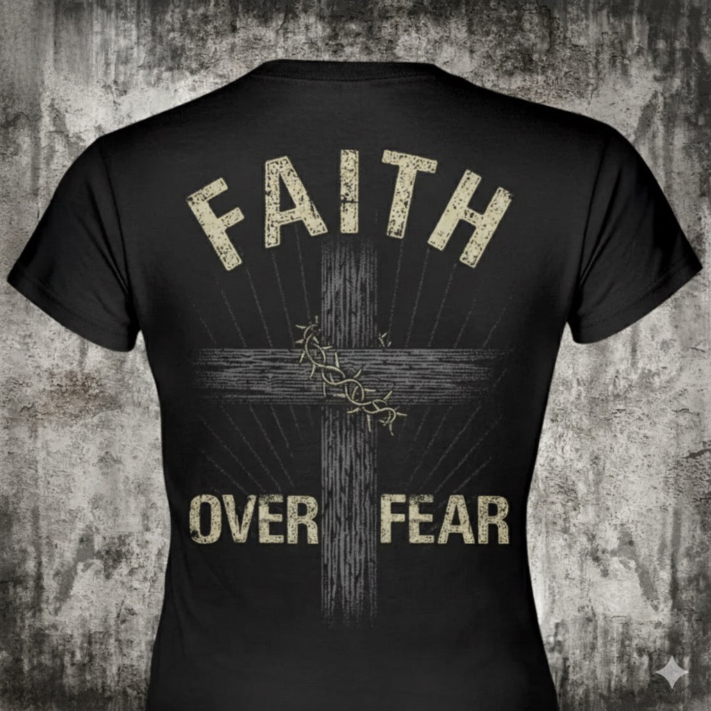 Faith Over Fear distressed graphic women's T-shirt in black - view 2 - Reborn XII