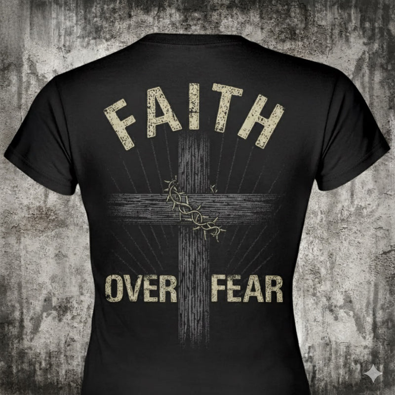Faith Over Fear distressed graphic women's T-shirt in black - view 2 - Reborn XII