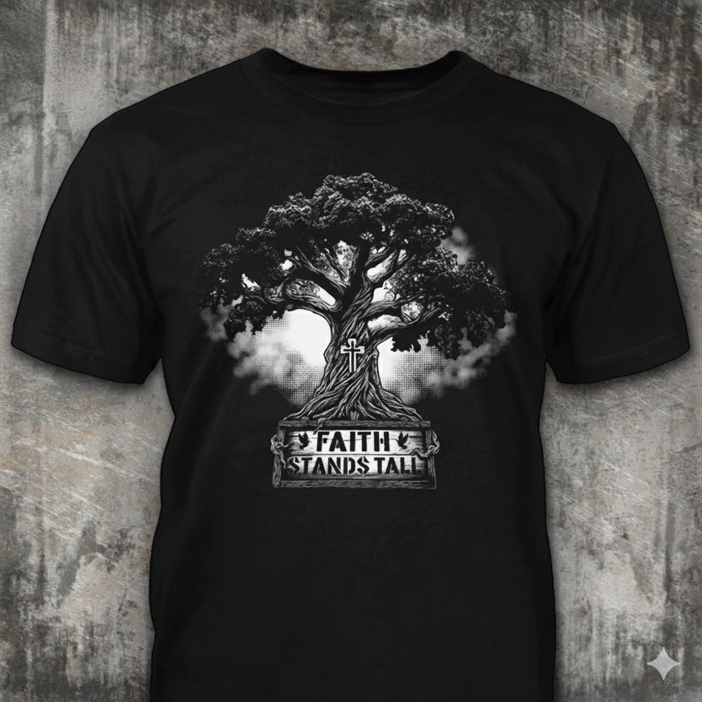 Faith Stands Tall distressed graphic men's T-shirt from Reborn XII