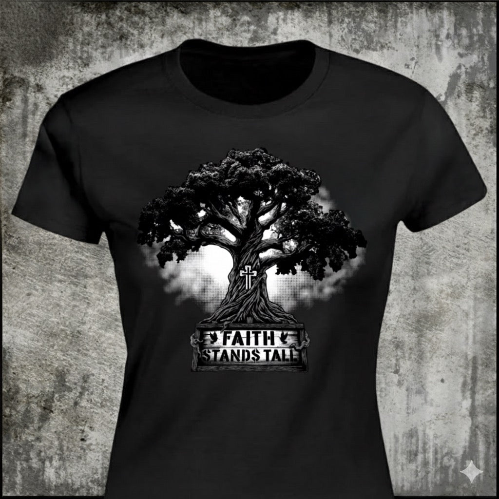 Faith Stands Tall distressed graphic women's T-shirt from Reborn XII