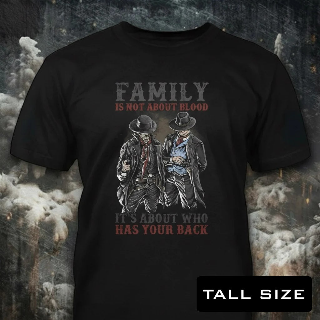 Family distressed graphic men's tall T-shirt in black — distressed Western cowboy graphic — Reborn XII