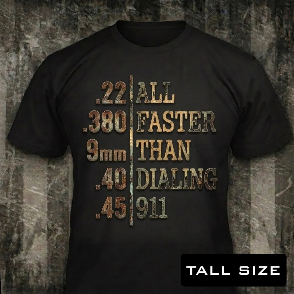 Faster Than Dialing 911 distressed graphic men's tall T-shirt in black — distressed patriotic firearms graphic — Reborn XII
