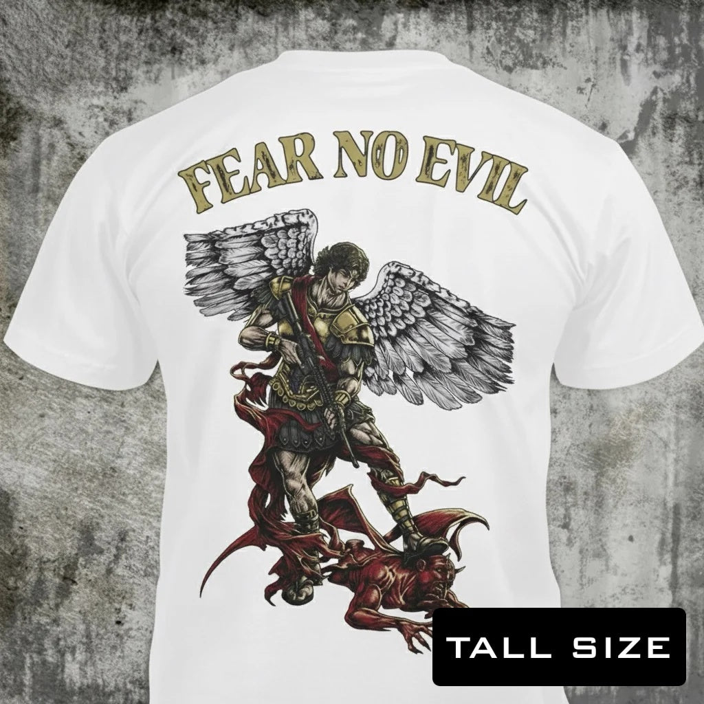 Fear No Evil distressed graphic men's tall T-shirt in white — distressed faith and cross graphic — Reborn XII