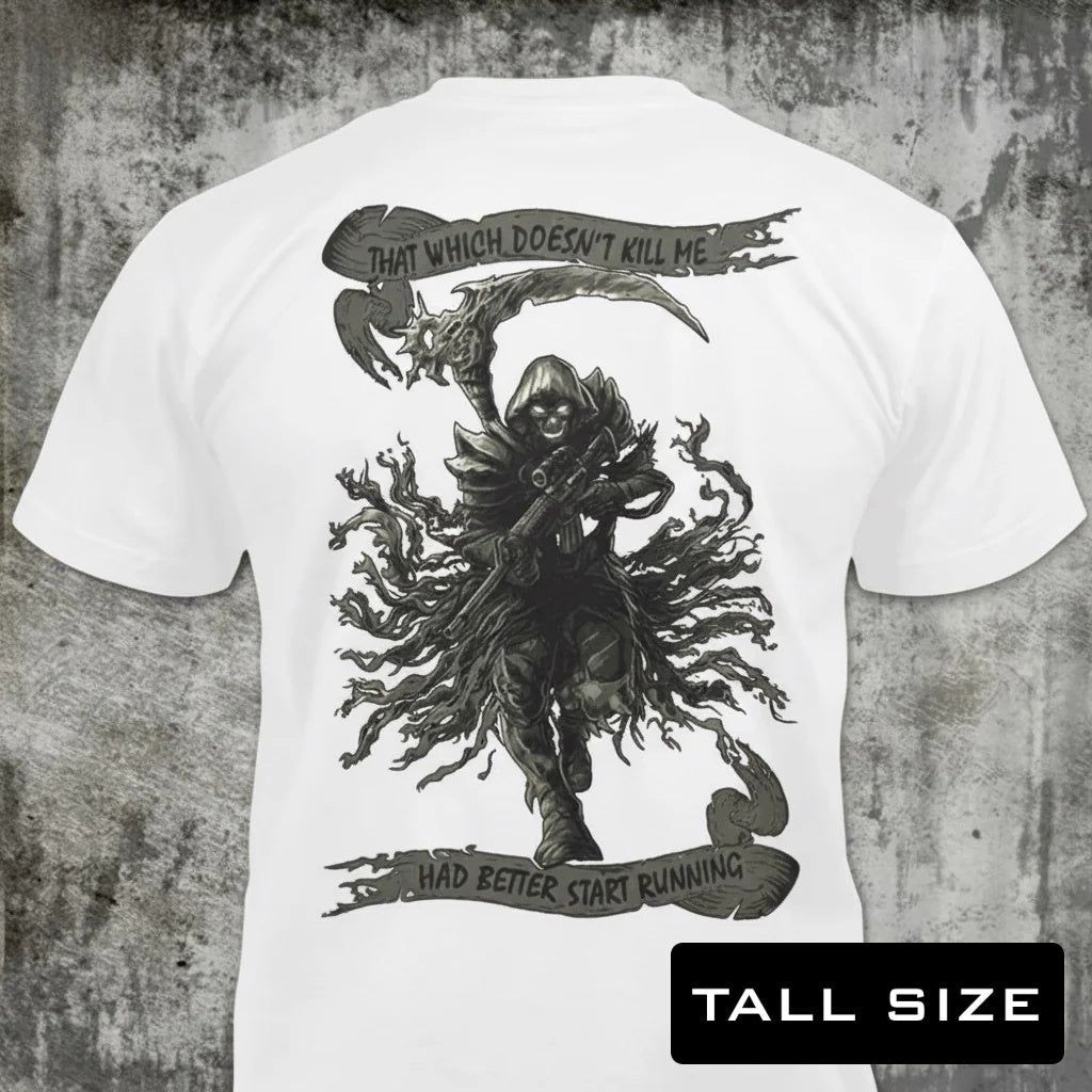 Fear The Reaper distressed graphic men's tall T-shirt in white — distressed military and American flag graphic — Reborn XII