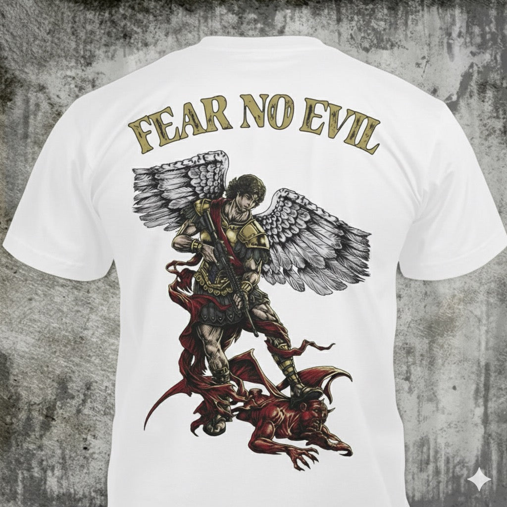 Fear No Evil distressed graphic men's T-shirt in white from Reborn XII