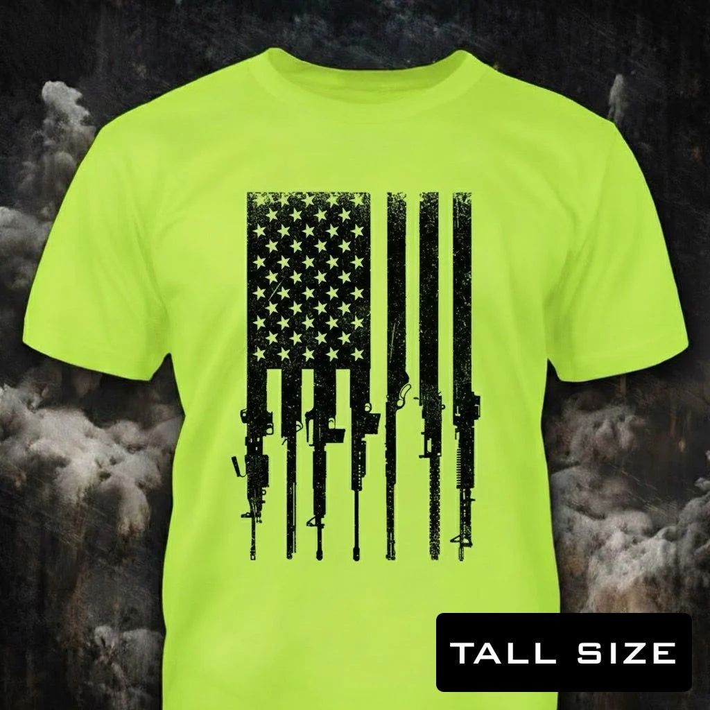 Flag With Gun Stripes distressed graphic men's tall T-shirt in green — distressed patriotic firearms graphic — Reborn XII
