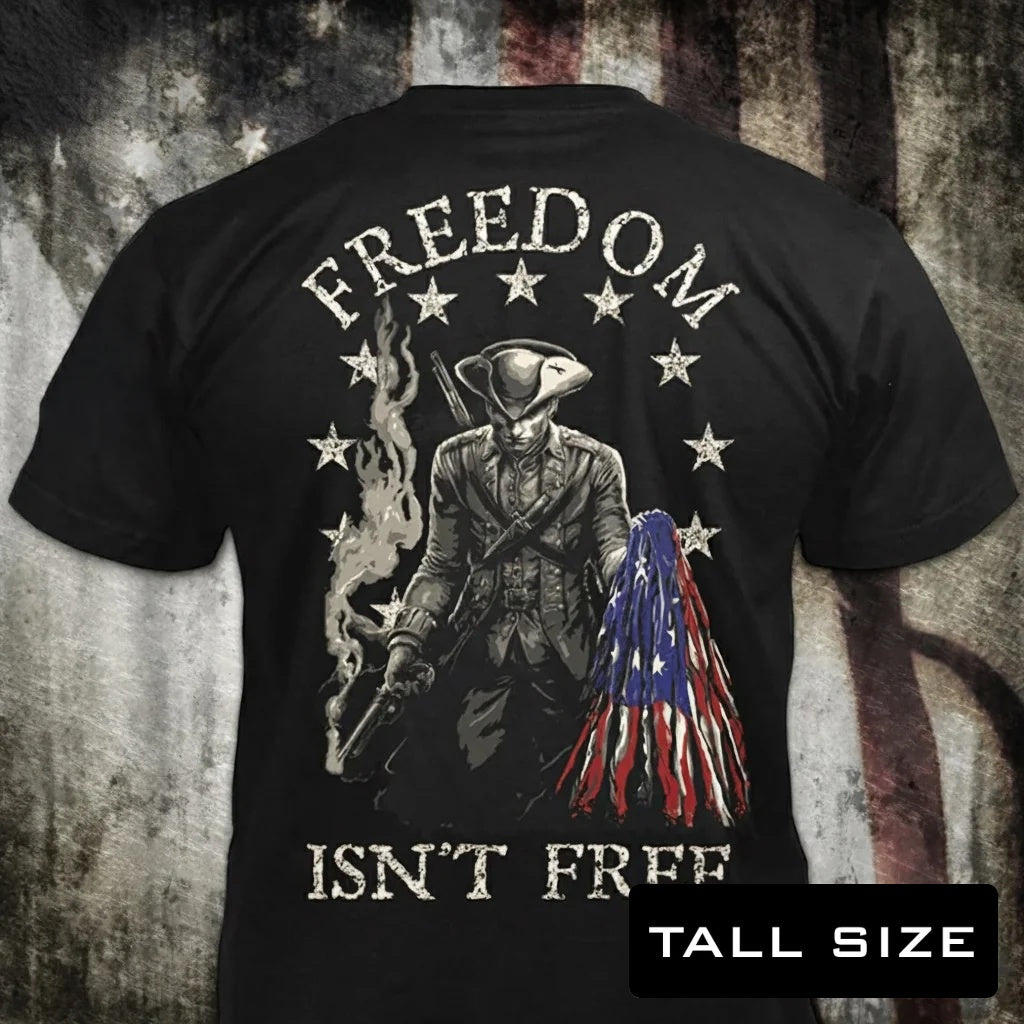 Freedom Isn't Free distressed graphic men's tall T-shirt in black — distressed military and American flag graphic — Reborn XII