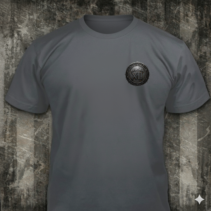 Reborn XII T-shirt, front view with small chest logo