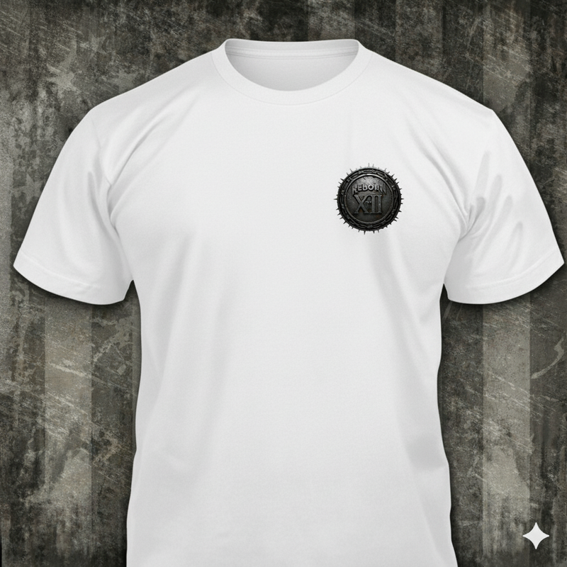 Reborn XII T-shirt, front view with small chest logo