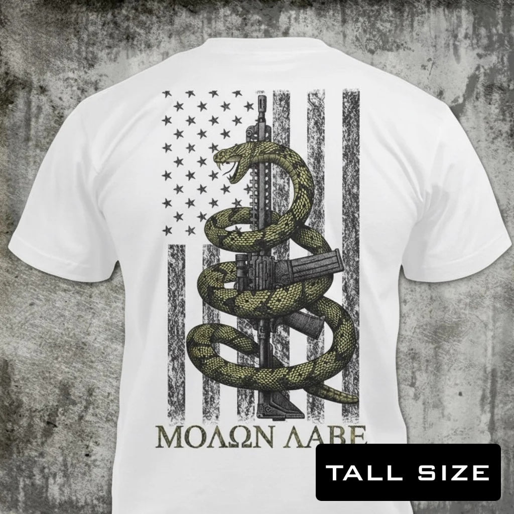Gadsden Snake distressed graphic men's tall T-shirt in white — distressed patriotic firearms graphic — Reborn XII