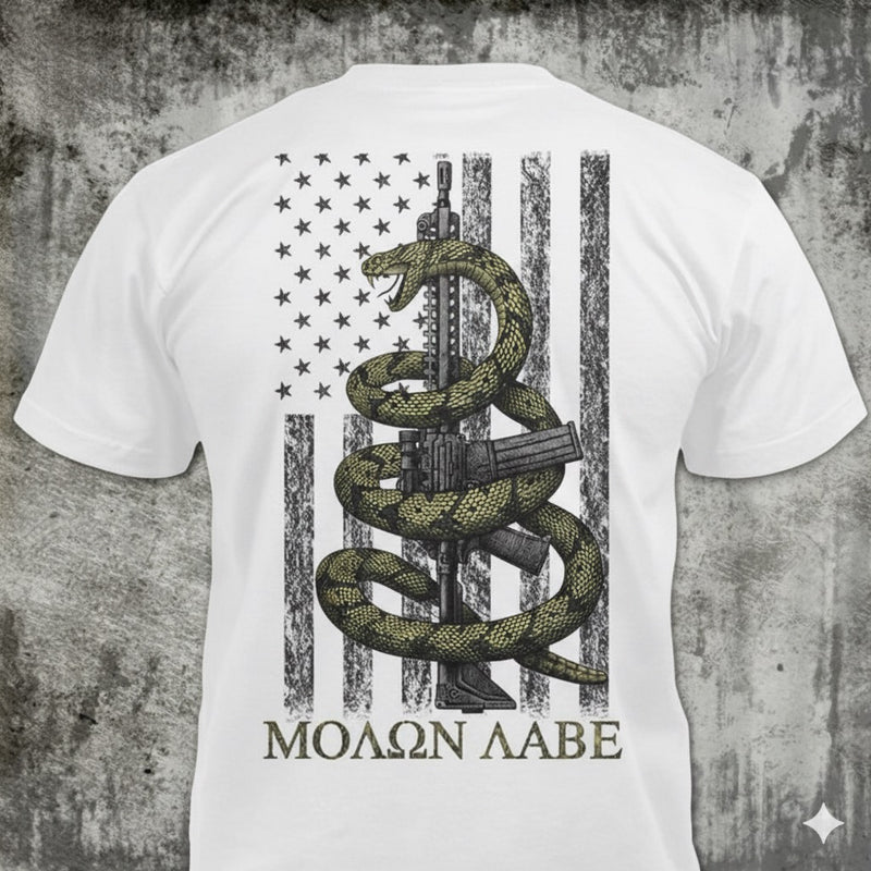 Gadsden Snake distressed graphic men's T-shirt in white — distressed patriotic firearms graphic — Reborn XII