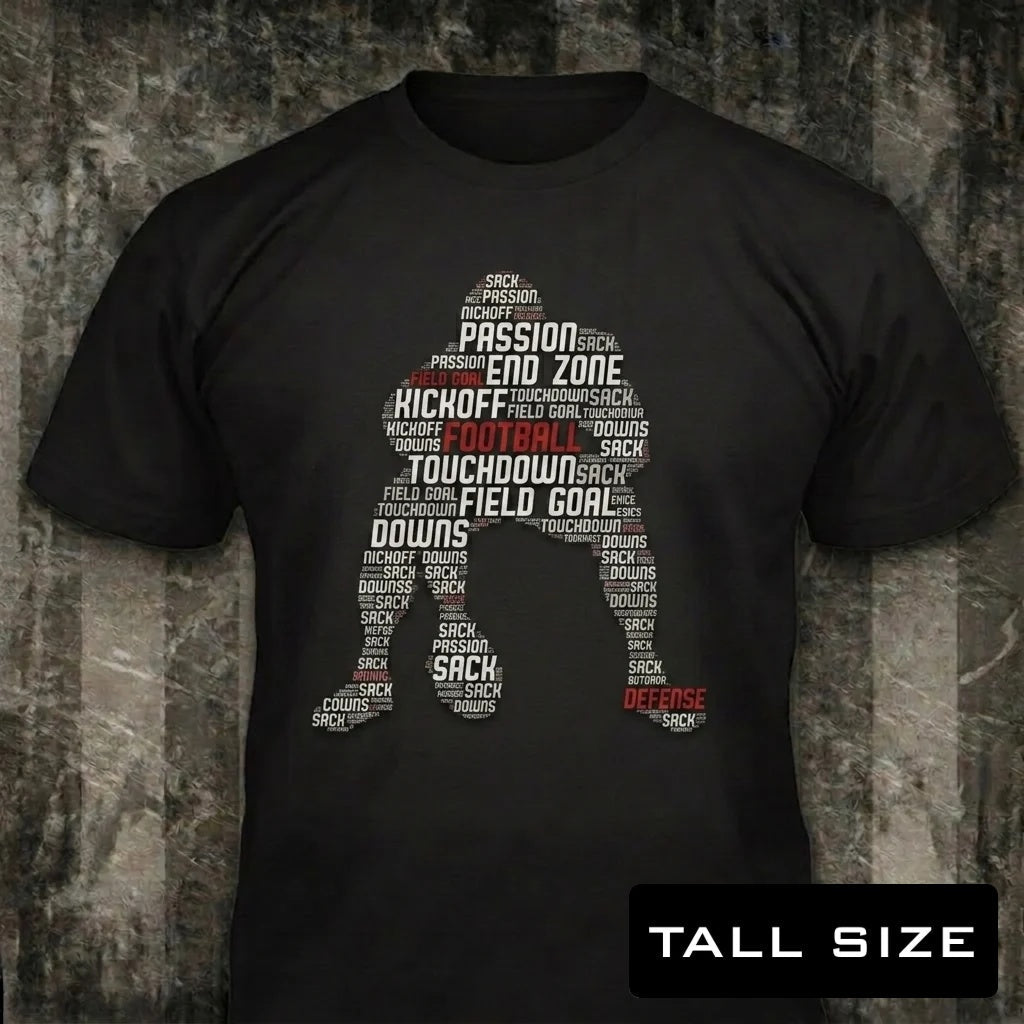 Gridiron Typography distressed graphic men's tall T-shirt in black — distressed patriotic football graphic — Reborn XII