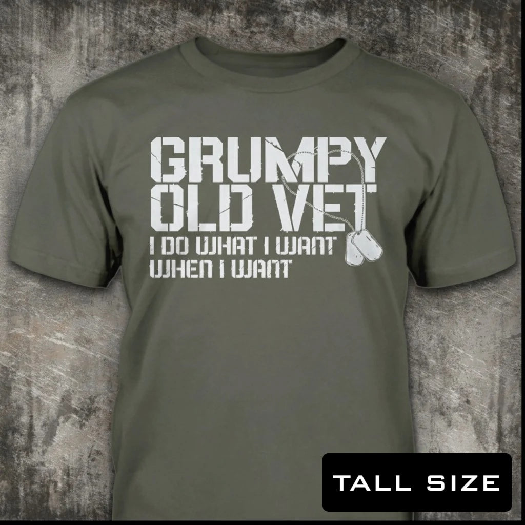 Grumpy Old Vets distressed graphic men's tall T-shirt in navy — distressed military and American flag graphic — Reborn XII
