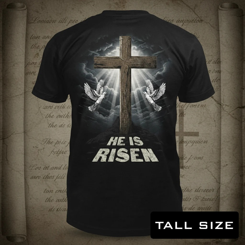 He Is Risen distressed graphic men's tall T-shirt in black — distressed faith and cross graphic — Reborn XII