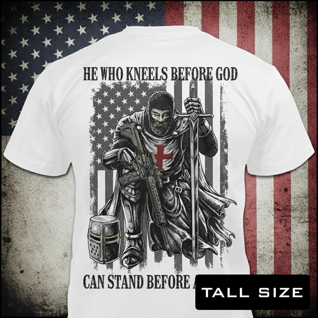 He Who Kneels Before God distressed graphic men's tall T-shirt in white — distressed faith and cross graphic — Reborn XII