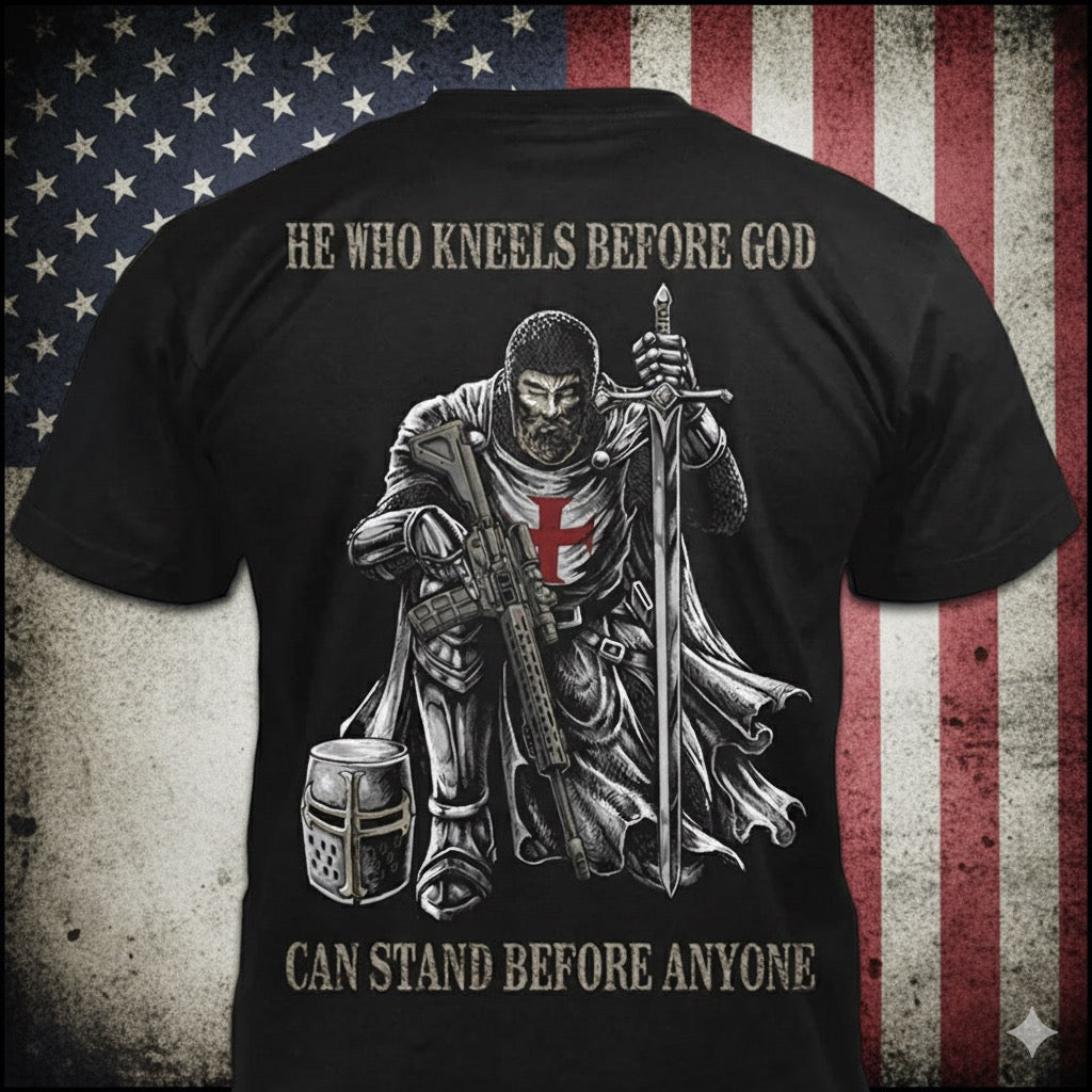 He Who Kneels Before God distressed graphic men's T-shirt in black - view 2 - Reborn XII