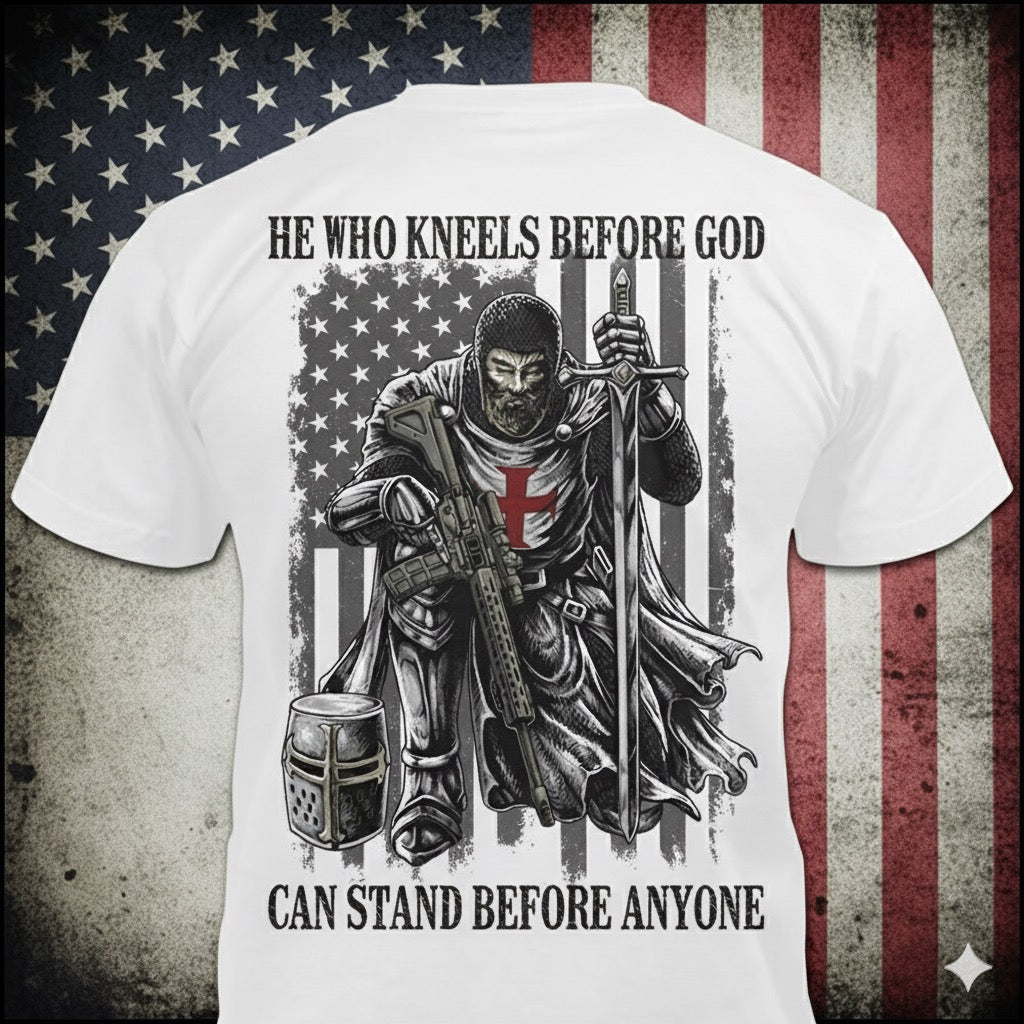 He Who Kneels Before God distressed graphic men's T-shirt in white from Reborn XII
