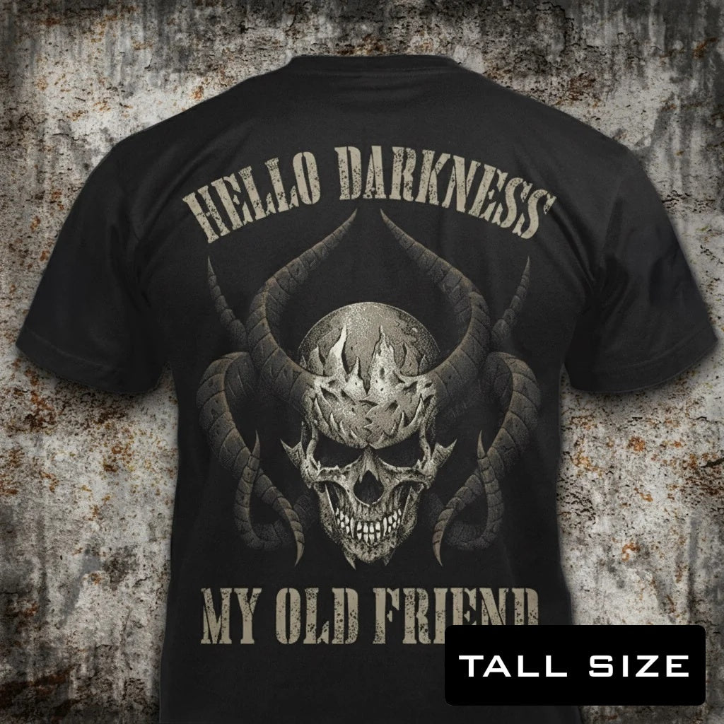 Hello Darkness distressed graphic men's tall T-shirt in black — distressed skull graphic — Reborn XII