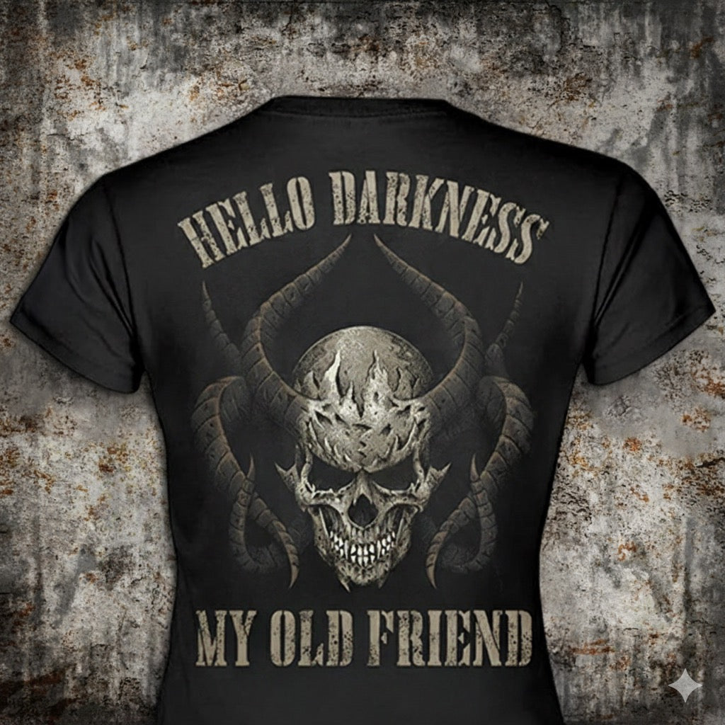 Hello Darkness distressed graphic women's T-shirt from Reborn XII