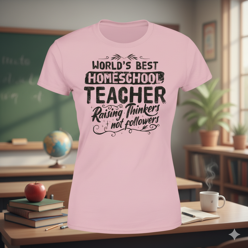 Homeschool Teacher distressed graphic women's T-shirt in pink — bold women’s empowerment graphic — Reborn XII
