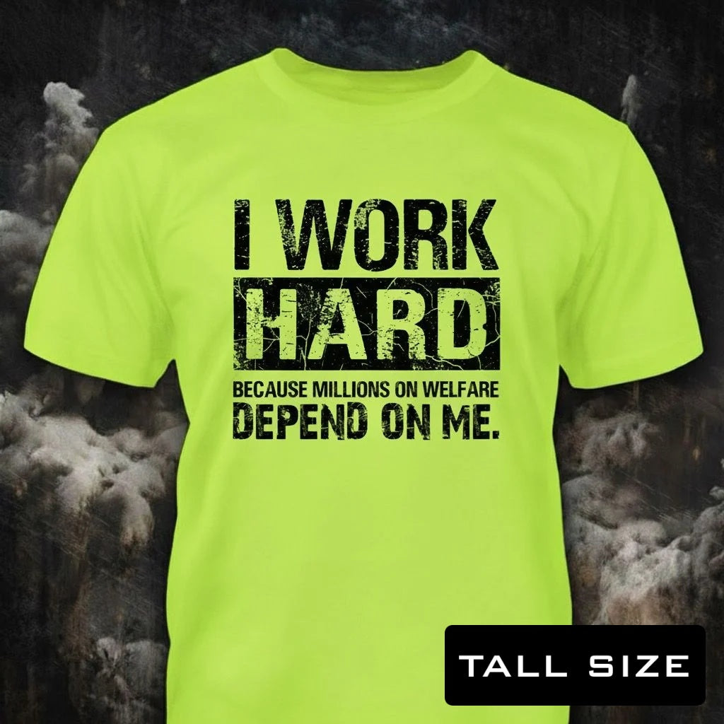 I Work Hard distressed graphic men's tall T-shirt in green — bold blue-collar work graphic — Reborn XII