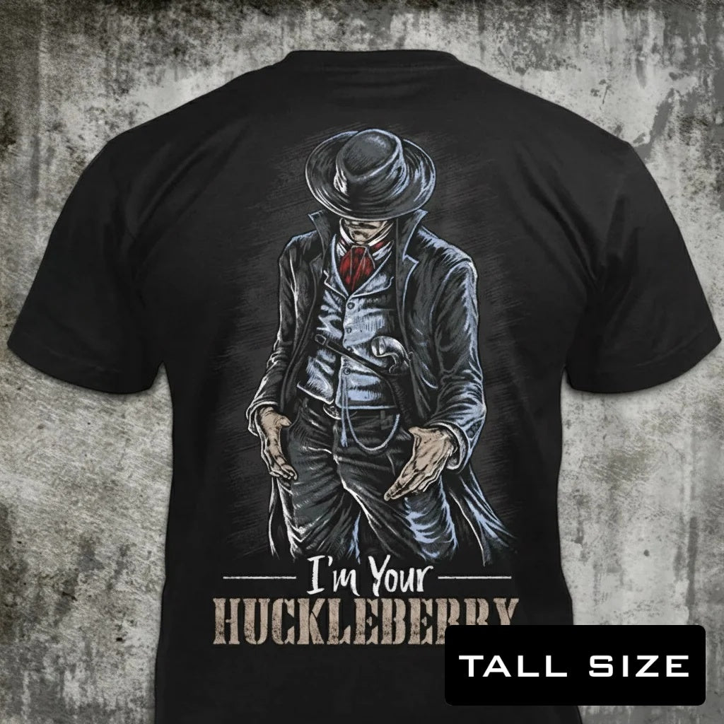I'm Your Huckleberry distressed graphic men's tall T-shirt in black — distressed Western cowboy graphic — Reborn XII