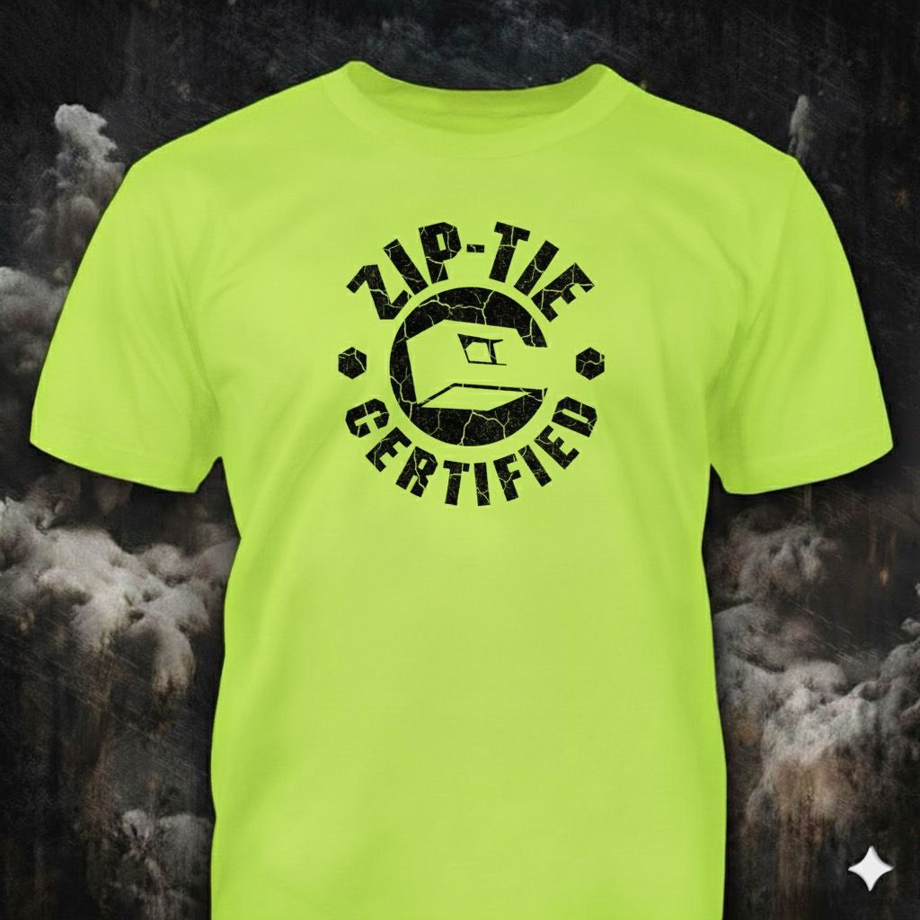 Zip Tie Certified distressed graphic hi-vis safety T-shirt from Reborn XII