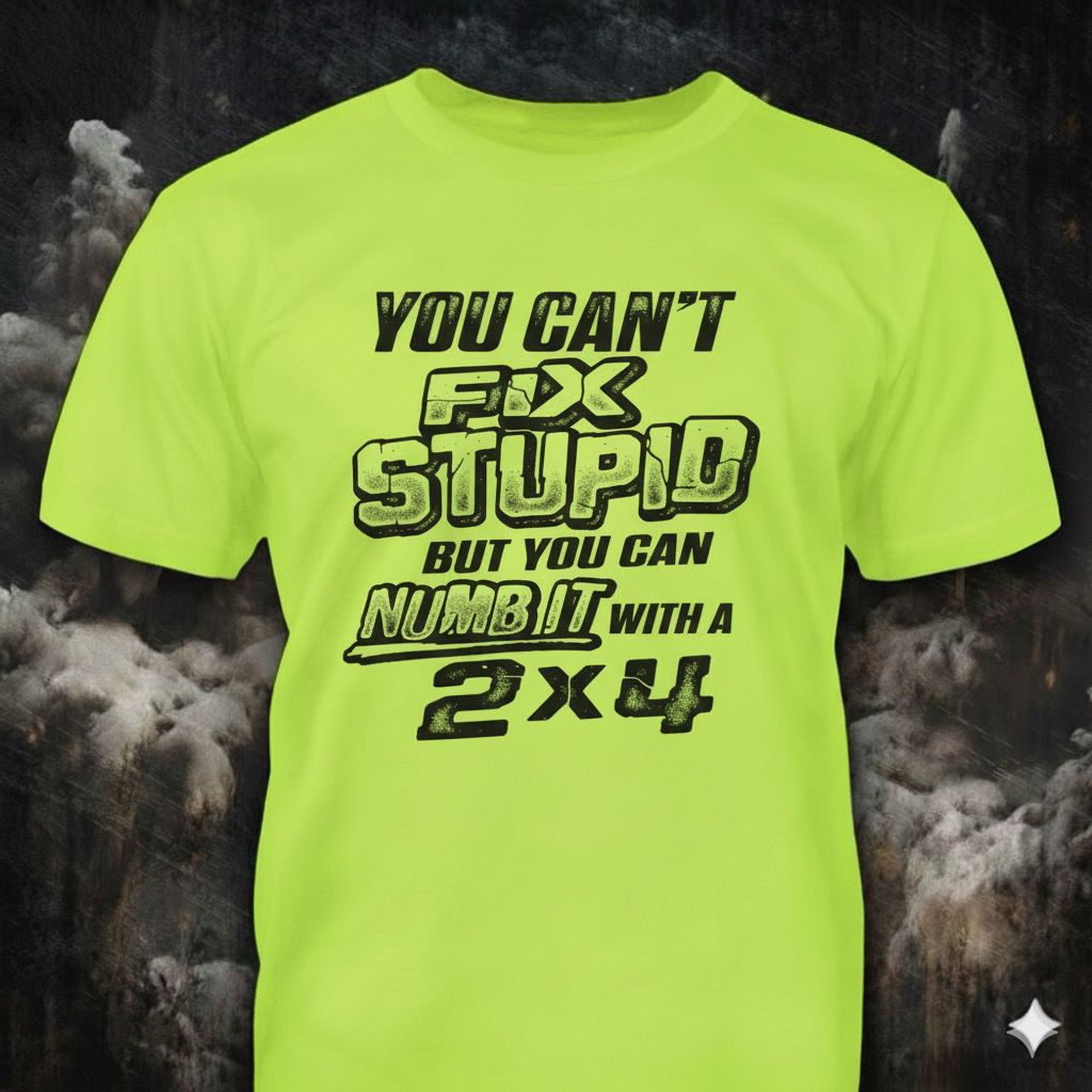 You Can't Fix Stupid distressed graphic hi-vis safety T-shirt from Reborn XII