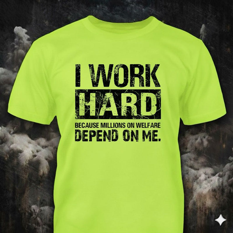 I Work Hard distressed graphic unisex T-shirt in safety green — bold blue-collar work graphic — Reborn XII