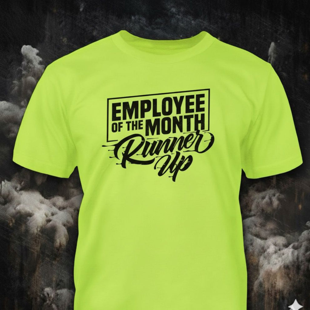 Employee Of The Month distressed graphic unisex T-shirt in safety green — bold blue-collar work graphic — Reborn XII