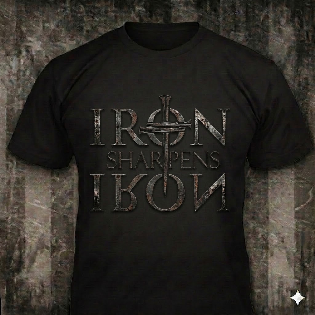 Iron Sharpens Iron distressed graphic men's T-shirt in black — distressed faith and cross graphic — Reborn XII