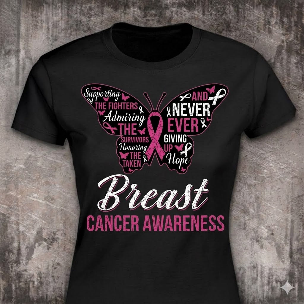 Never Giving Up Hope distressed graphic women's T-shirt in pink — cancer awareness graphic with a pink ribbon — Reborn XII
