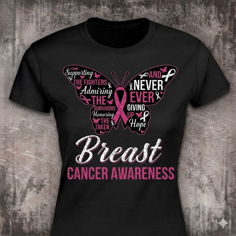 Never Giving Up Hope distressed graphic women's T-shirt in pink — cancer awareness graphic with a pink ribbon — Reborn XII