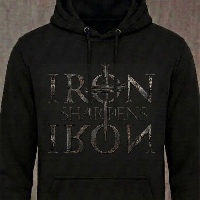 Iron Sharpens Iron distressed graphic unisex hoodie in black — distressed faith and cross graphic — Reborn XII