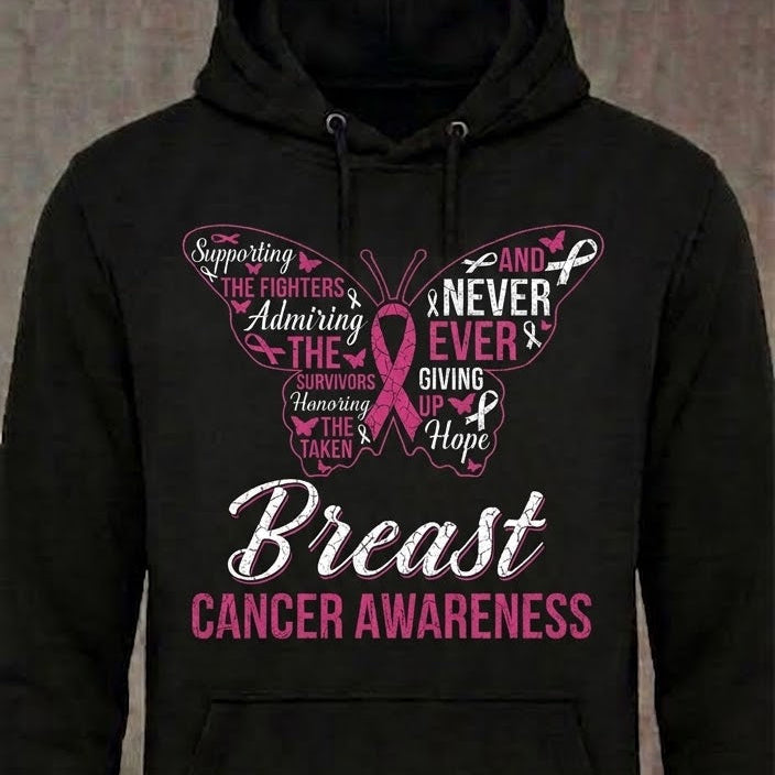 Never Giving Up Hope distressed graphic unisex hoodie in pink — cancer awareness graphic with a pink ribbon — Reborn XII