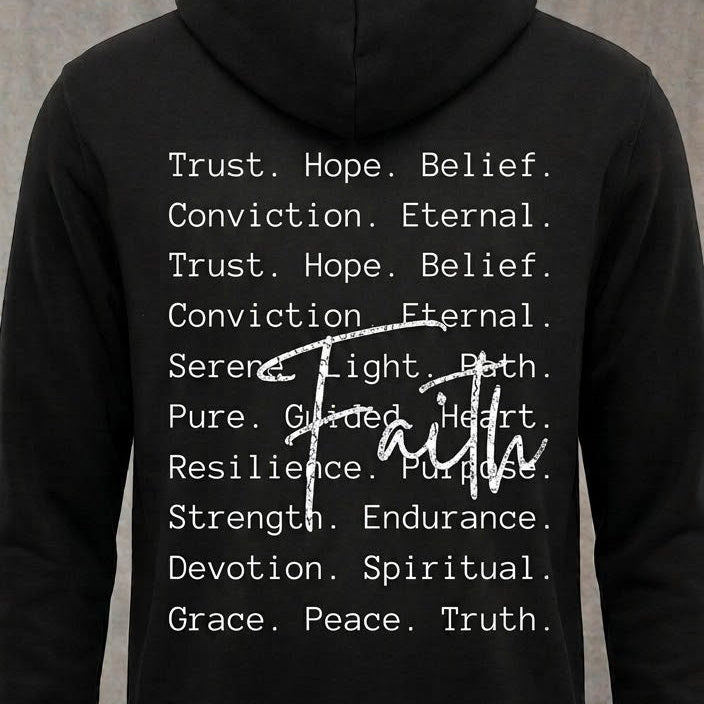 Faith distressed graphic unisex hoodie in black — distressed faith and cross graphic — Reborn XII