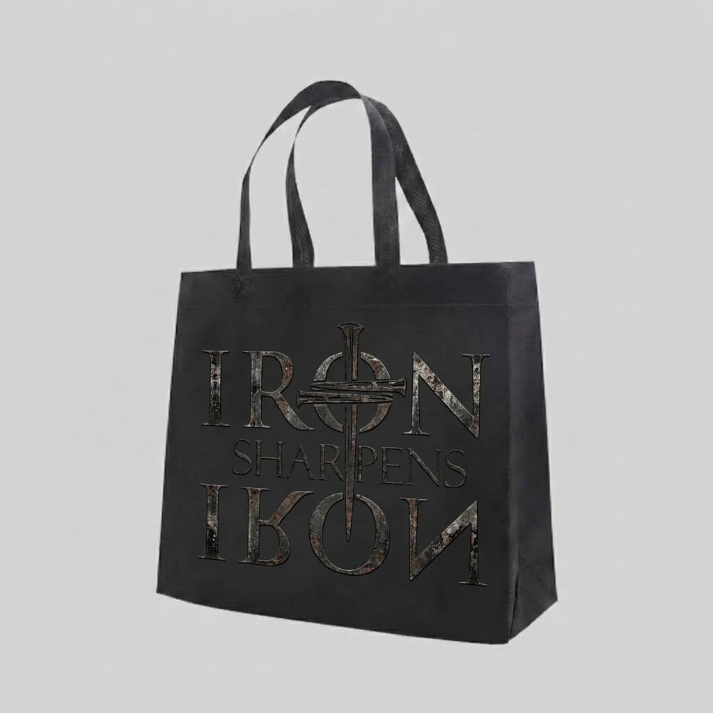 Iron Sharpens Iron - Tote Bag — reusable tote bag with faith and cross graphic — Reborn XII