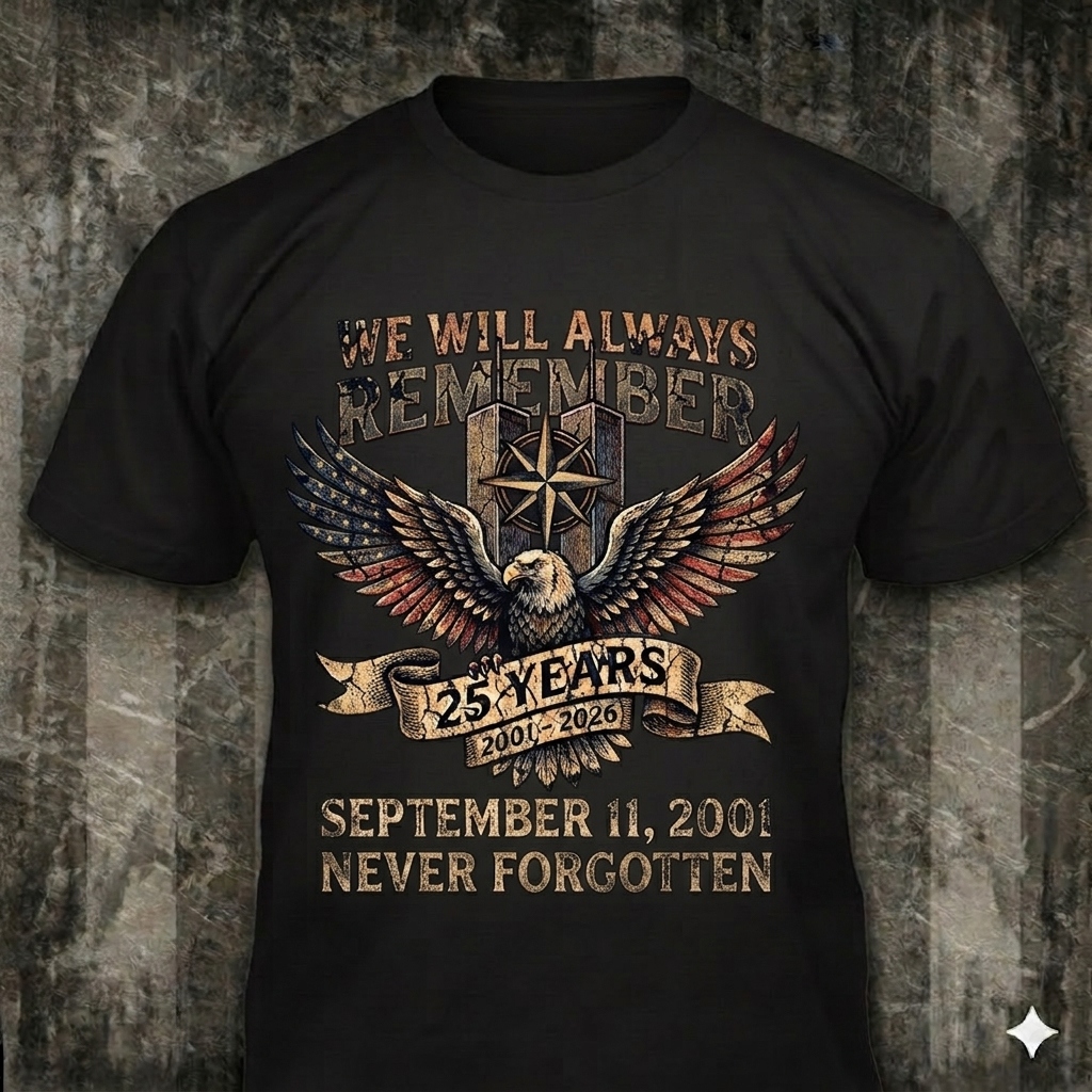 Never Forgotten 25 Years distressed graphic men's T-shirt in black — distressed never forgotten 25 years graphic — Reborn XII