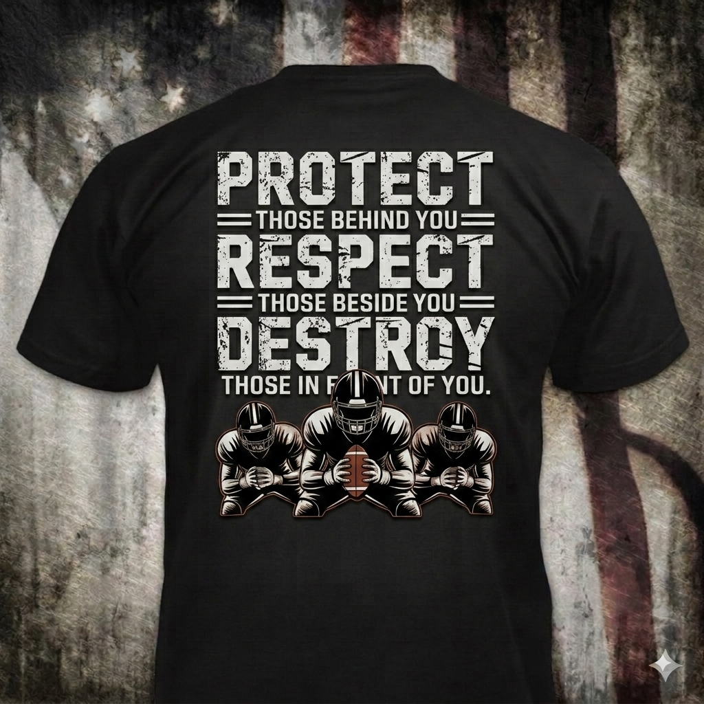 Protect, Respect, Destroy distressed graphic men's T-shirt in black — distressed patriotic football graphic — Reborn XII