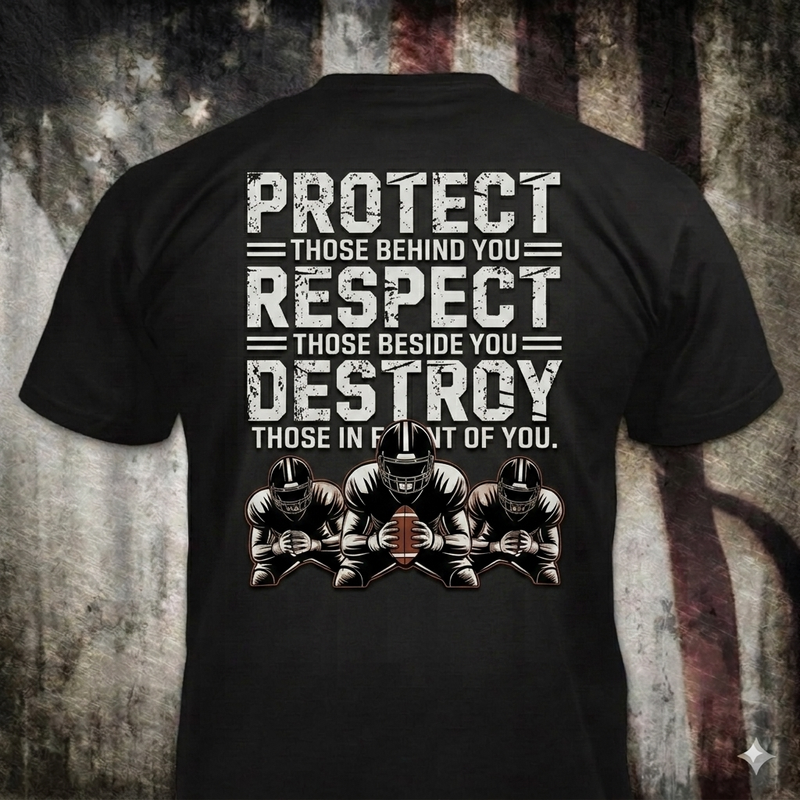 Protect, Respect, Destroy distressed graphic men's T-shirt in black — distressed patriotic football graphic — Reborn XII