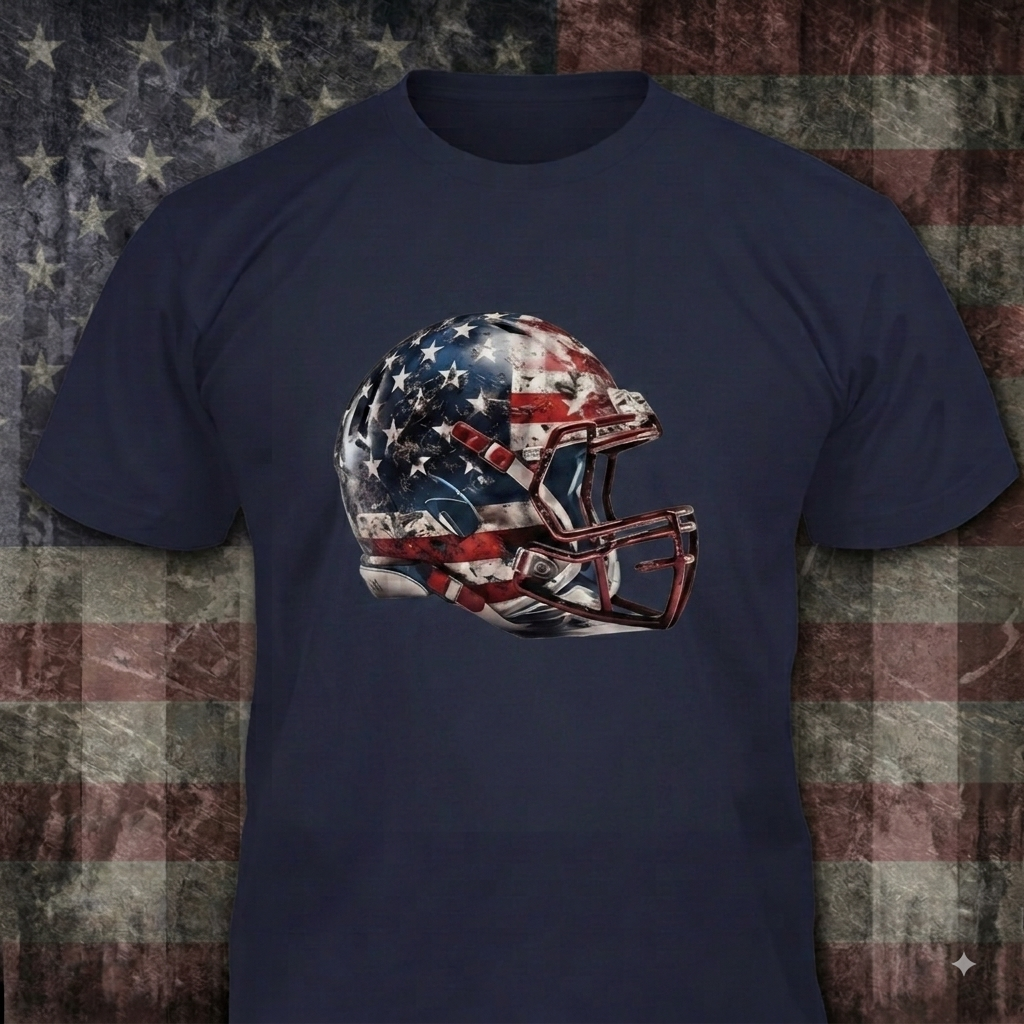 Battle-Tested Patriot distressed graphic men's T-shirt in navy — distressed patriotic football graphic — Reborn XII