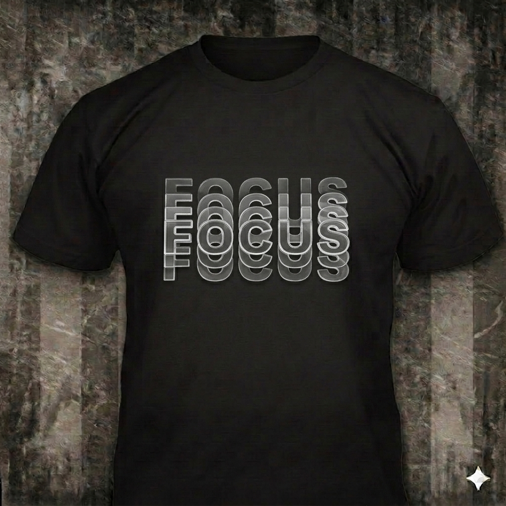 Coming Into Focus distressed graphic men's T-shirt in black — bold blurred typography graphic — Reborn XII