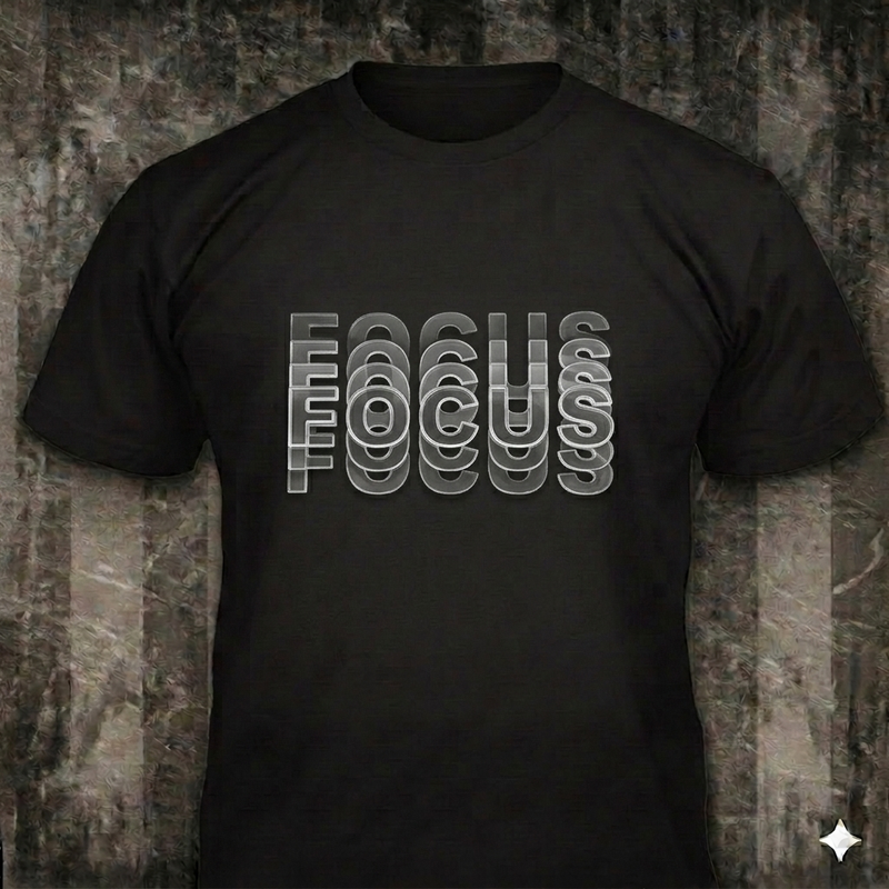 Coming Into Focus distressed graphic men's T-shirt in black — bold blurred typography graphic — Reborn XII