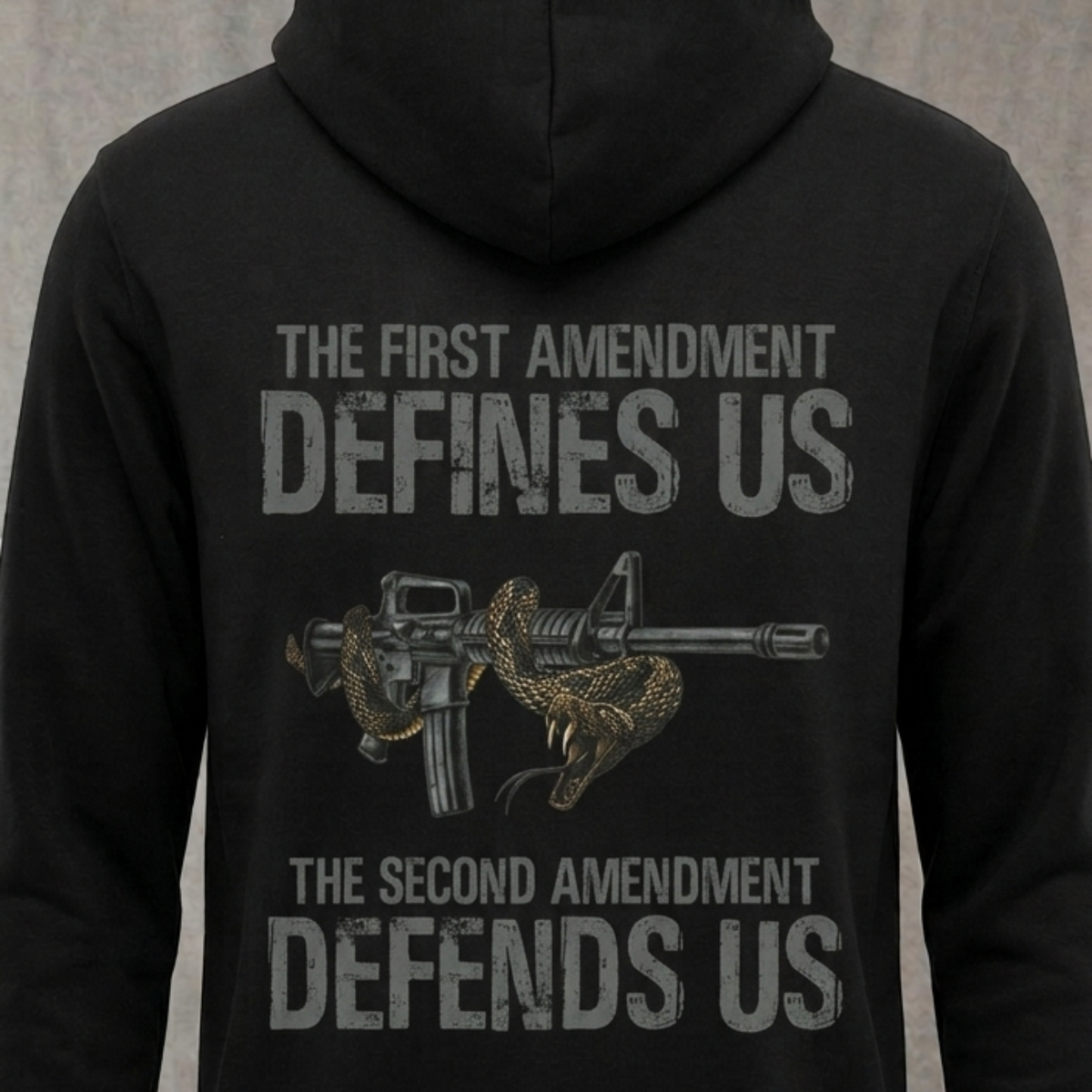 Defending Freedom distressed graphic unisex hoodie in black — distressed patriotic firearms graphic — Reborn XII